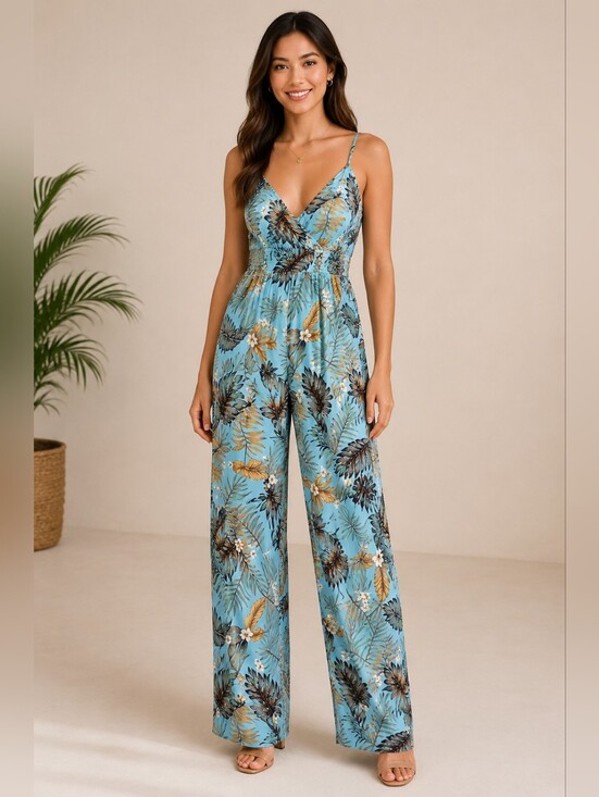 Pants - Tropical Floral Wide Leg Jumpsuit Blue Sleeveless Palazzo Wide Leg Romper L/XL